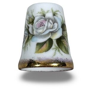 Golden Crown England Fine Bone China White Rose Floral Thimble Gold Rim 1 Inch